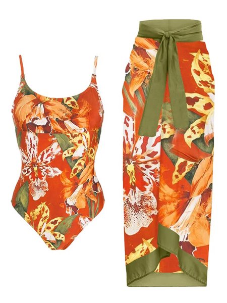 

Scoop Neck Floral Vacation Printing One Piece With Cover Up, Multicolor, swimwear>>One-Pieces