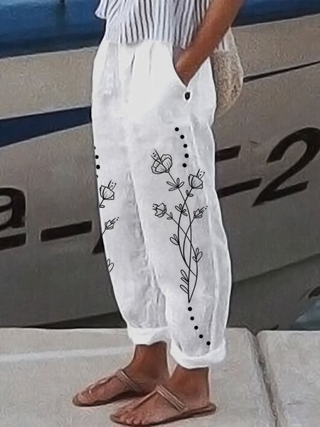 

Floral Loose Cotton Pants, White, Pants