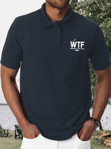 

Men's WTF Where's The Fish Funny Graphic Printing Gift For Father's Day Polo Collar Text Letters Urban Regular Fit Polo Shirt, Dark blue, T-shirts