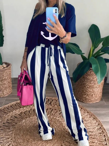 

Anchor Cold Shoulder Casual Two-Piece Set, Blue, Tops