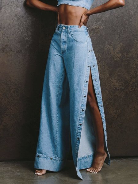 

High Waist Regular Fit Plain Casual Denim Jeans, Blue, Jeans