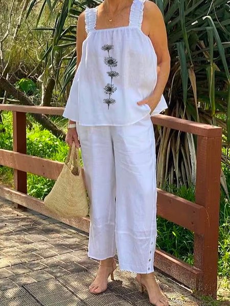 

Plain Loose Linen Two-Piece Set, White, Suits