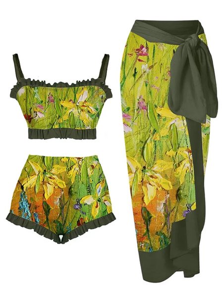 

Scoop Neck Flouncing Floral Vacation Bikini With Cover Up, Green, swimwear>>3 Piece Bikini Sets
