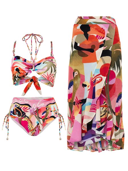 

Vacation Floral Printing Notched Bikini With Cover Up, Multicolor, Swimsuit with Coverups