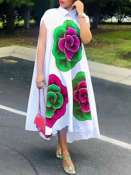 

Floral Vacation Shirt Collar Loose Short Sleeve Dress, White, Midi Dresses