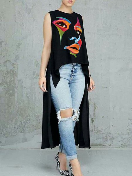 

Loose Casual Face Crew Neck Shirt, Black, Blouses and Shirts