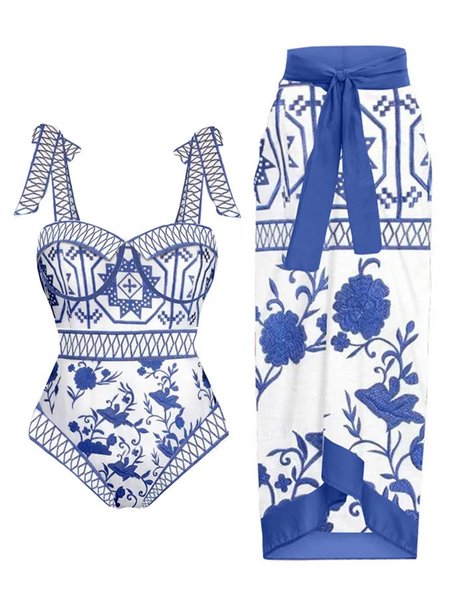 

Plants V Neck Printing Vacation One Piece With Cover Up, Blue, Swimsuit with Coverups