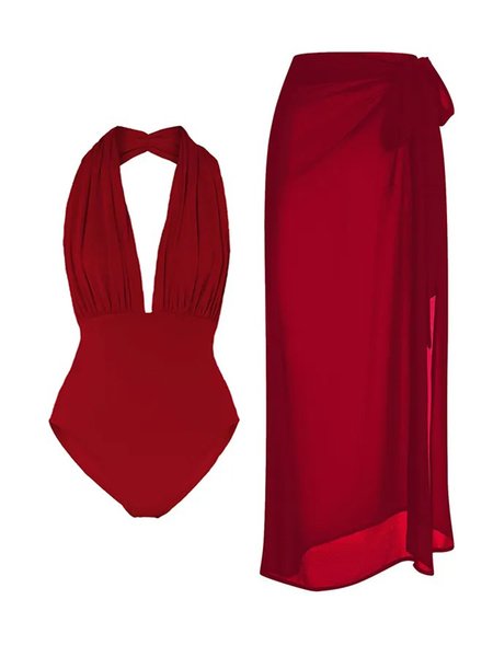 

Tropical V Neck Casual One Piece With Cover Up, Red, Swimsuit with Coverups