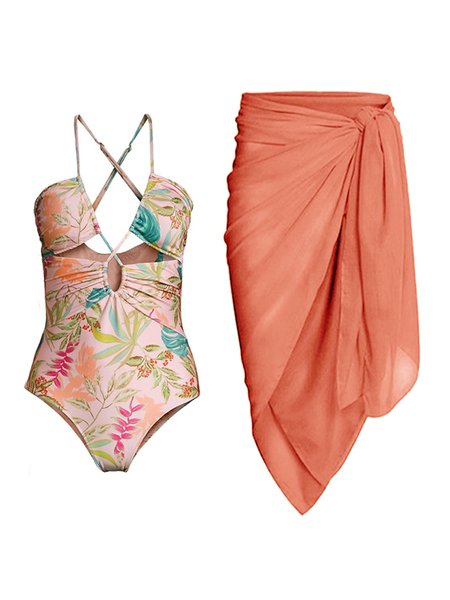 

Vacation Floral Printing Strapless One Piece With Cover Up, Orange, Swimsuit with Coverups