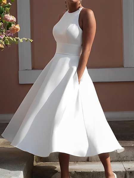 

Elegant Crew Neck Plain Sleeveless Midi Dress, White, Midi Dresses