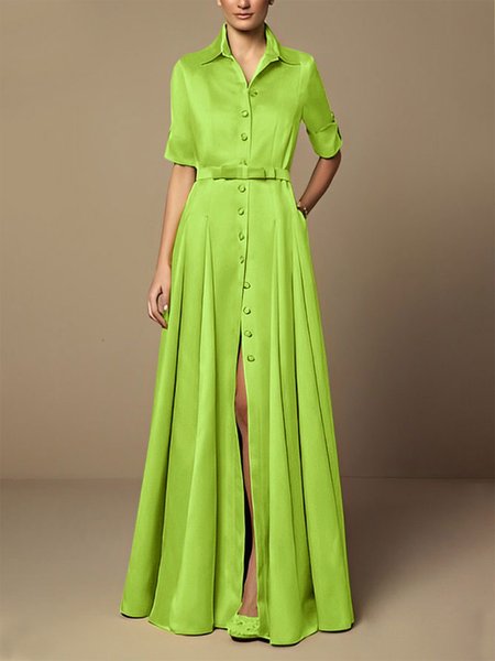 

Plain Urban Shirt Collar Short Sleeve Maxi Dress, Green, Maxi Dresses
