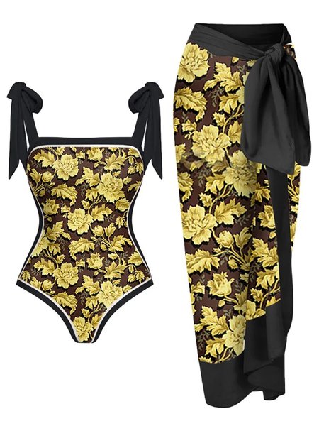 

Printing Vacation Floral One Piece With Cover Up, Golden, Swimsuit with Coverups