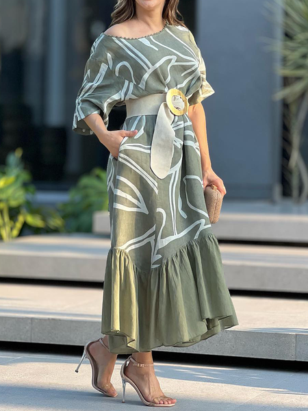 

Loose Asymmetrical Short sleeve Elegant Abstract Long Dress, Green, Maxi Dresses
