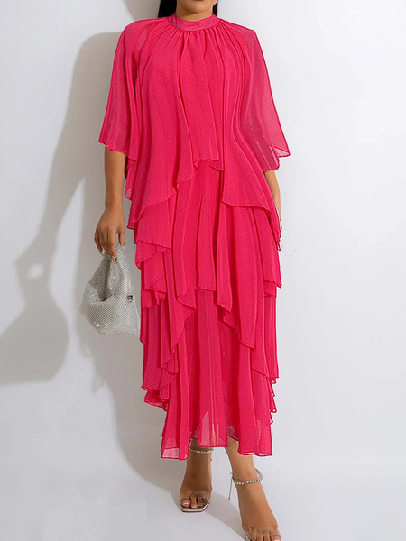 

Ultra lightweight Stand Collar Short sleeve Elegant Loose Long Dress, Red, Maxi Dresses