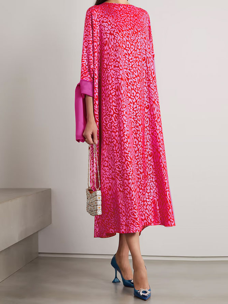 Leopard Loose Half sleeve Crew Neck Elegant Midi Dress, Rose red, Midi Dresses