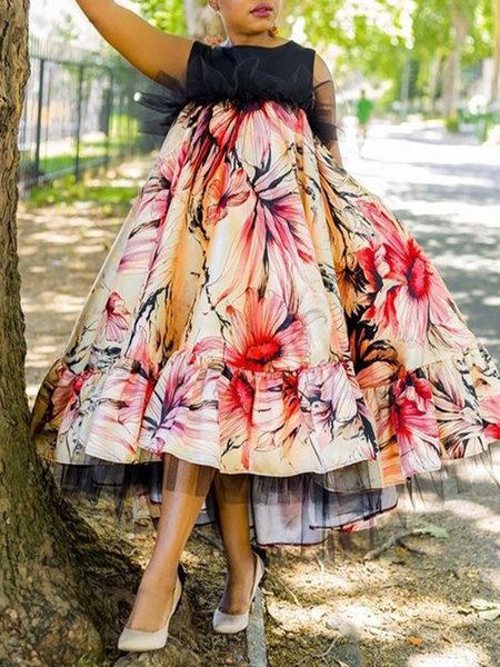 

Floral Vacation Crew Neck Sleeveless Midi Dress, As picture, Midi Dresses