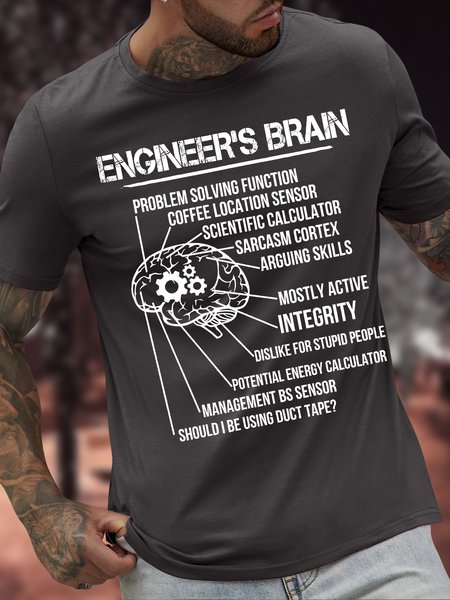 Men's Engineer's Brain Problem Solving Function Coffee Location Sensor Funny Graphic Printing Text Letters Casual Cotton T Shirt