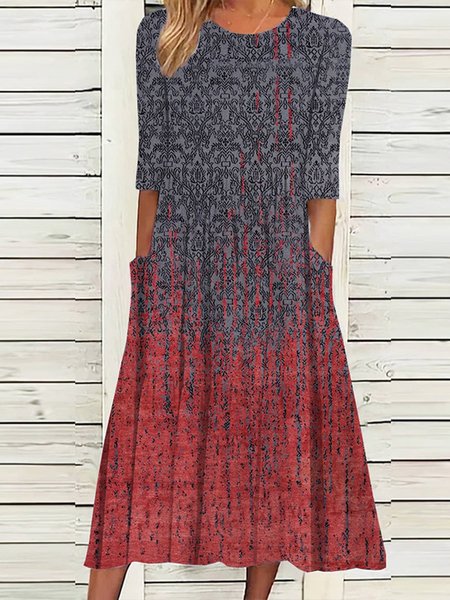 

Vintage Loose Crew Neck Dress, Red, Casual Dresses