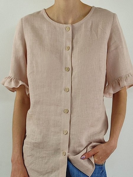 

women's casual short sleeve top Gathered Ruffled Sleeves Linen Shirt, Pink, Blouses & Shirts
