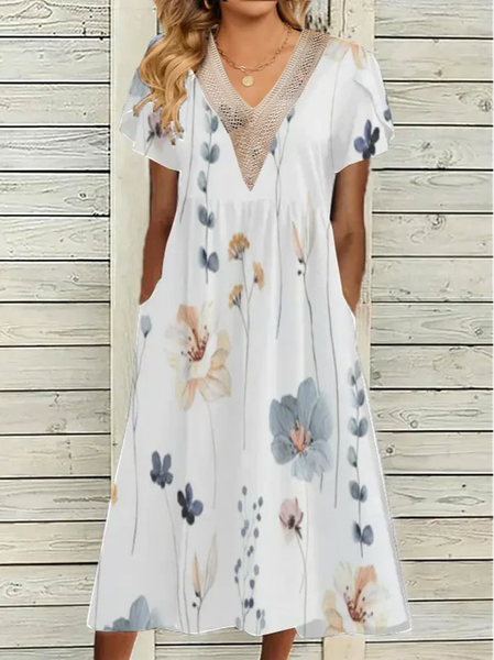 

Floral V Neck Elegant Loose Dress, White, Dresses