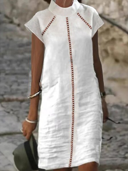 

Women Hollow Out Lace Turtleneck Loose Short Sleeve Cotton And Linen Dress, White, Mini Dresses