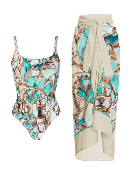 

Abstract Printing Vacation Scoop Neck One Piece With Cover Up, Multicolor, swimwear>>Bikini Sets