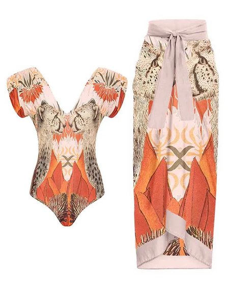 

Printing V Neck Vacation Leopard One Piece With Cover Up, Multicolor, Swimsuit with Coverups