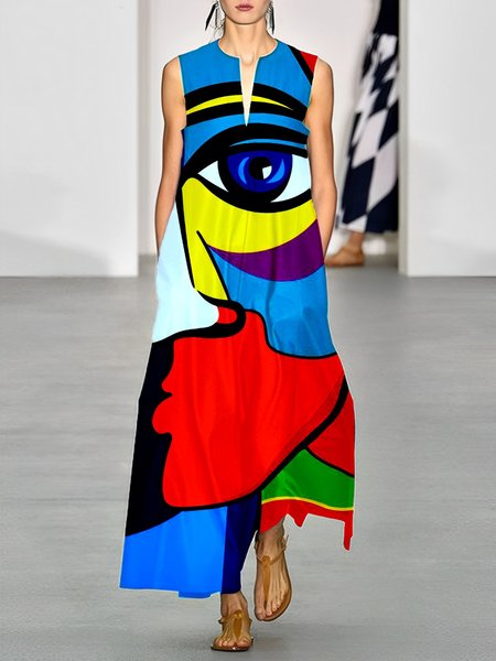 

V Neck Vacation Loose Abstract Sleeveless Dress, Multicolor, Maxi Dresses