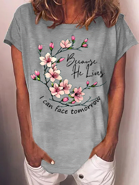 

Women's Because He Lives Pink Flowers Cotton-Blend Casual T-Shirt, Gray, T-shirts