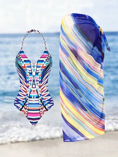 

V Neck Abstract Casual One Piece With Cover Up, Multicolor, swimwear>>One-Pieces