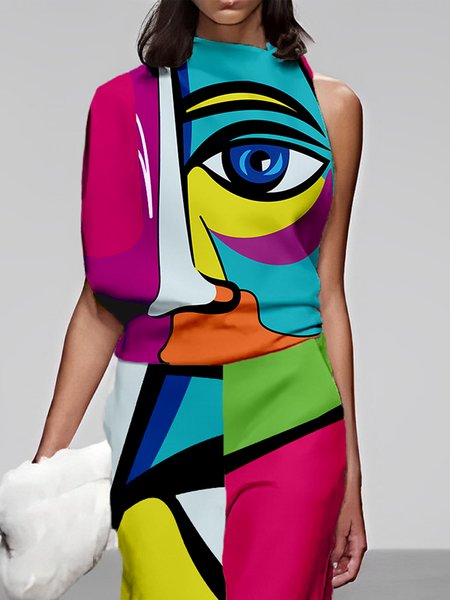 

Sleeveless Loose Abstract Urban Shirt, As picture, Blouses and Shirts