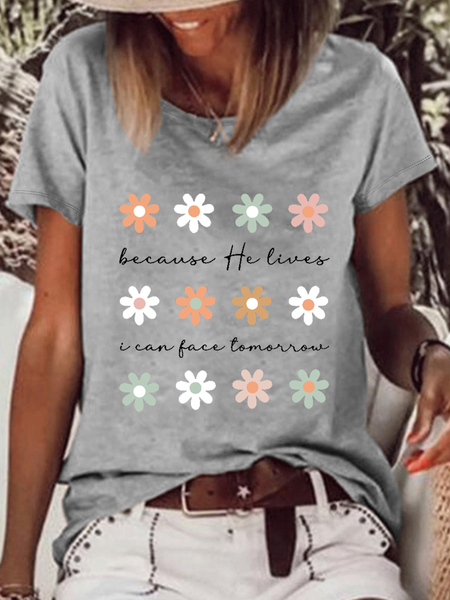 

Women's Cute Daisy Because He Lives Boho Flowers Heathered Casual Loose Crew Neck T-Shirt, Gray, T-shirts