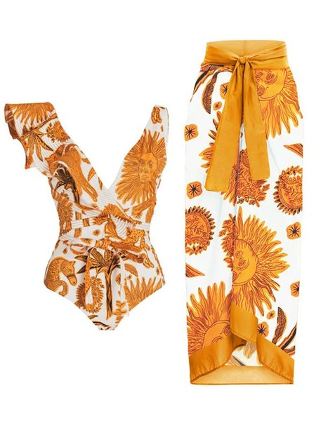 

Plants Printing Vacation One Piece With Cover Up, Yellow, Swimsuit with Coverups