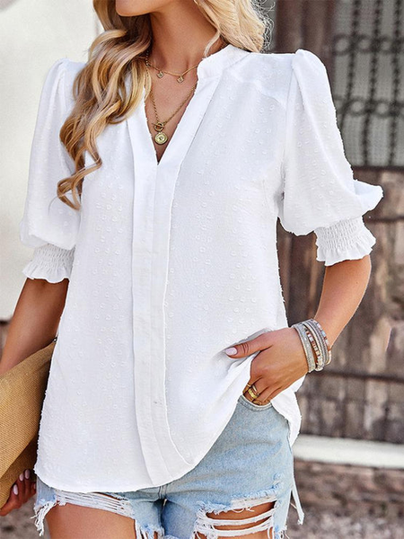 

Lantern Sleeve Plain Simple Stand Collar Shirt, White, Shirts & Blouses