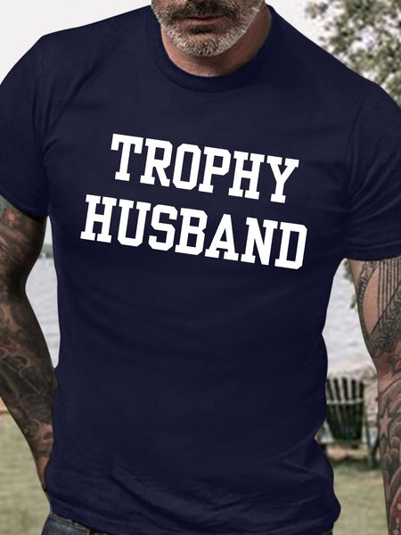 

Men's Trophy Husband Funny Graphic Printing Gift For Father's Day Cotton Crew Neck Text Letters Casual T-Shirt, Purplish blue, T-shirts