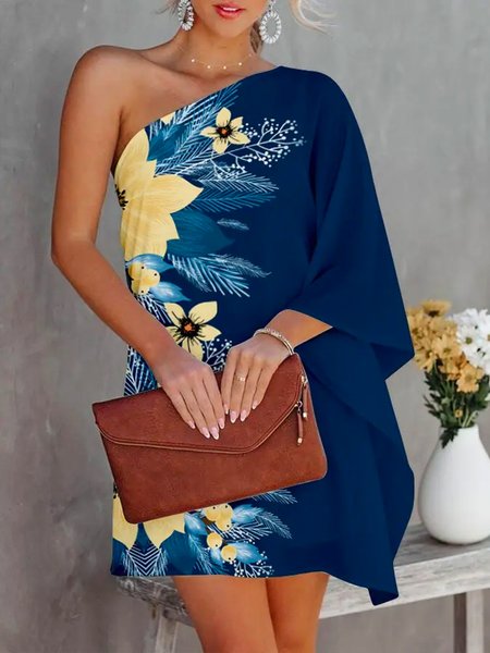

Daily One Shoulder Floral Vacation Dress, Blue, Mini Dresses