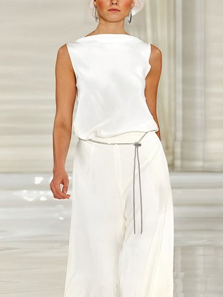 

Boat Neck Urban Loose Sleeveless Plain Shirt, White, Blouses and Shirts
