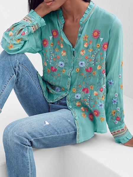 

Womens Boho V Neck Floral Print Blouse, Blue, Shirts & Blouses