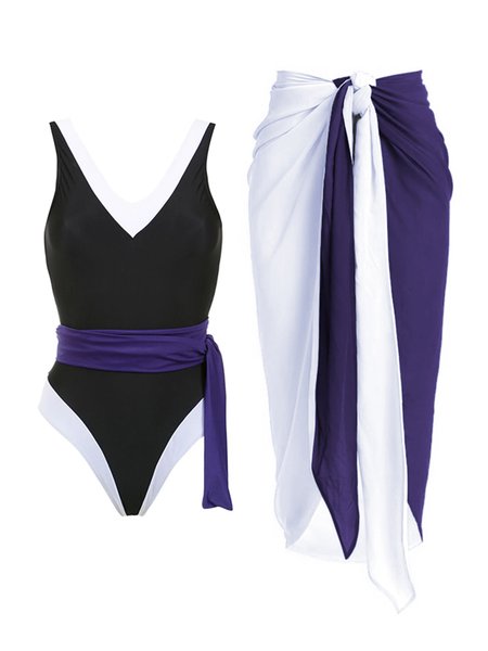 

Vacation Color Block Split Joint V Neck One Piece With Cover Up, Black, Swimsuit with Coverups