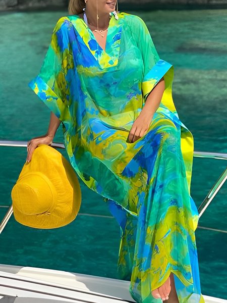 

V Neck Random Print Loose Vacation Dress, Green, Maxi Dresses