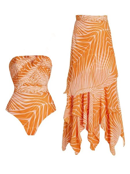 

Printing Vacation Strapless Geometric One Piece With Cover Up, Orange, Swimsuit with Coverups