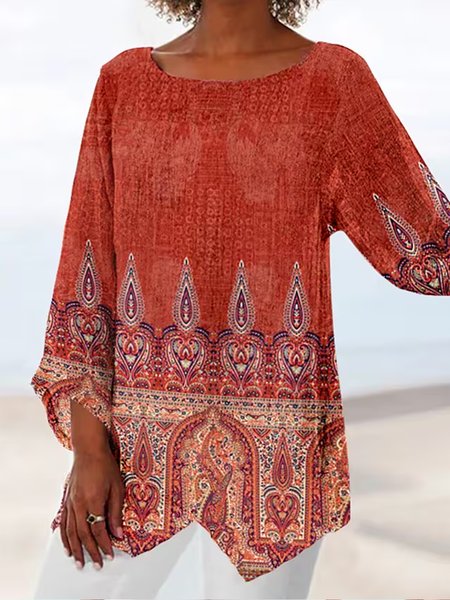 

Vacation Linen Ethnic Crew Neck Shirt, Red, Shirts & Blouses