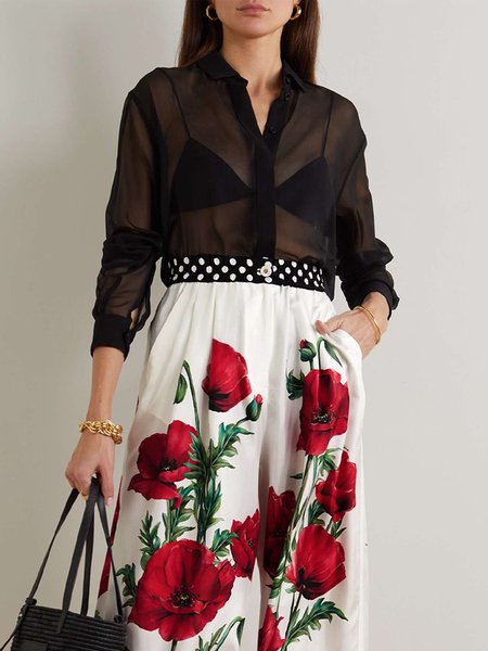 

Loose Elegant Plain Shirt Collar Blouse, Black, Blouses and Shirts