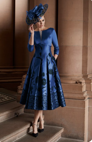 

Elegant Floral Printed Three Quarter Midi Dress Wedding, Blue, Midi Dresses
