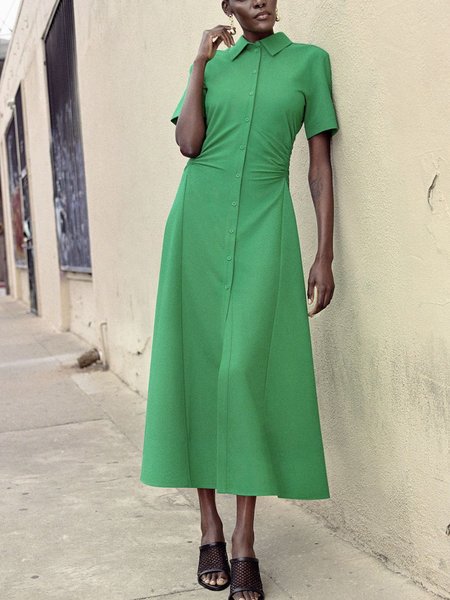 

Plain Shirt Collar Elegant Regular Fit Dress, Green, Maxi Dresses