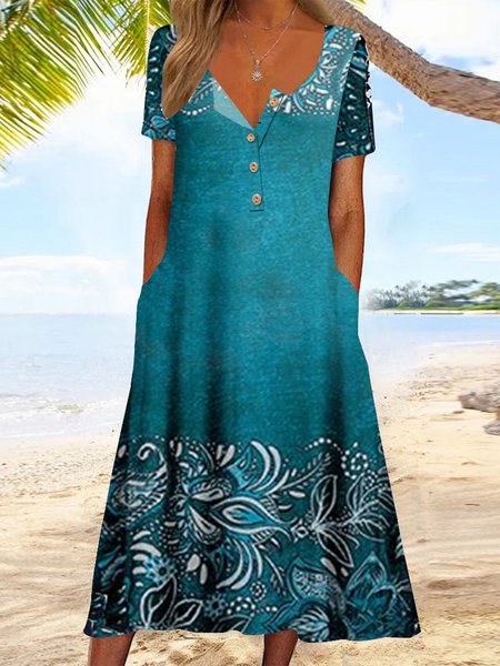 

Buttoned Vintage Loose Notched Dress, Blue, Dresses