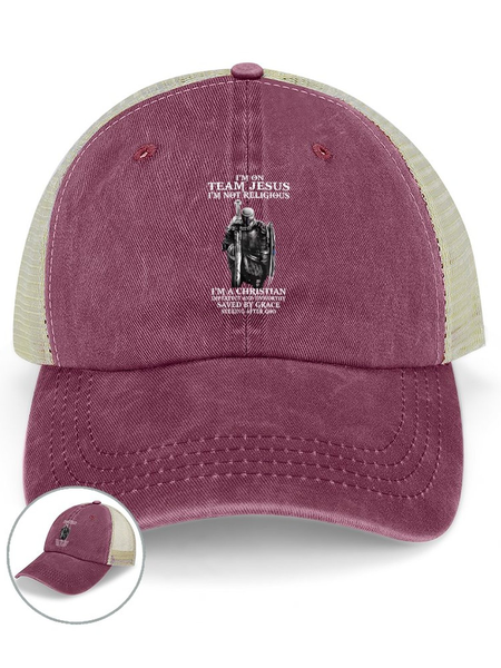 

Men's I Am Not Team Jesus I Am Not Religious I Am A Christian Imperfect And Unworthy Saved By Grace Seeking After God Funny Graphic Washed Mesh-back Baseball Cap, Wine red, Men's Hats