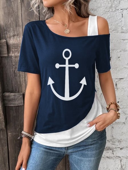 

Split Joint Anchor Casual Loose T-Shirt, Dark blue, T-Shirts