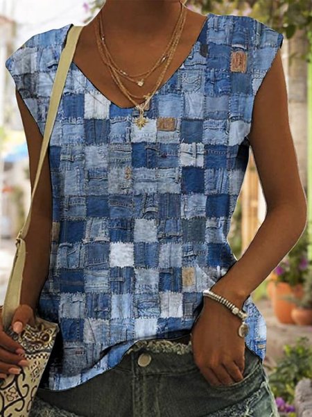 

Casual Geometric V Neck T-Shirt, Blue, T-Shirts
