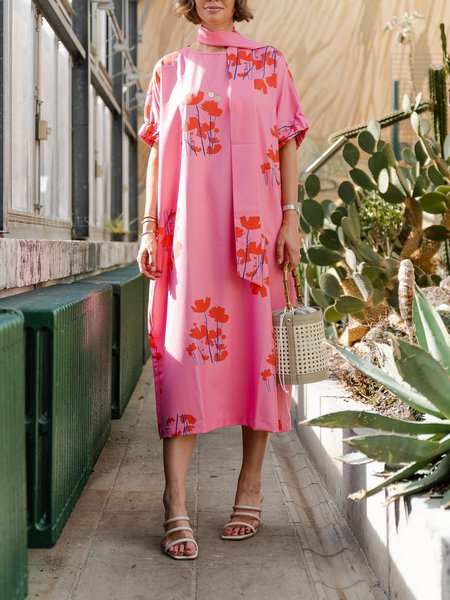 

Vacation Crew Neck Floral Dress, As picture, Midi Dresses
